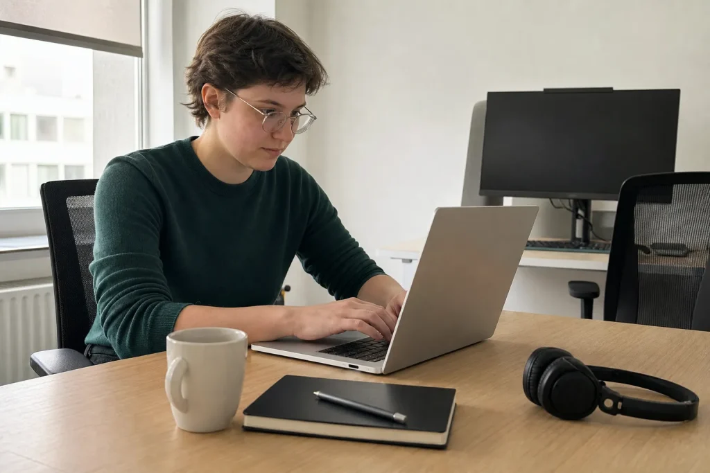 Person sitter vid ett skrivbord och arbetar med sökordsoptimering på sin laptop i ett naturligt upplyst hemmakontor.