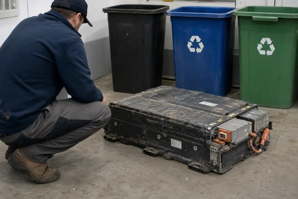 En arbetare undersöker ett uttjänt litiumbatteri vid en återvinningsstation, ett tecken på the household battery revolutio...