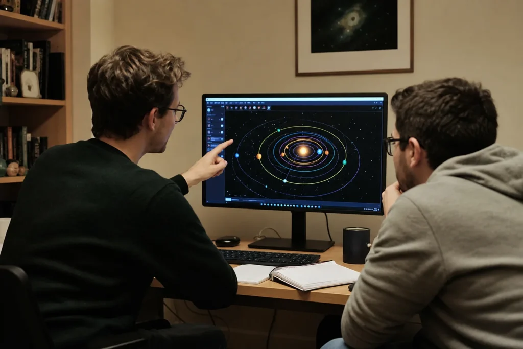 Två personer diskuterar The Moons of Uranus May Hold the Key to Finding Missing Planets framför en monitor med ett planetd...