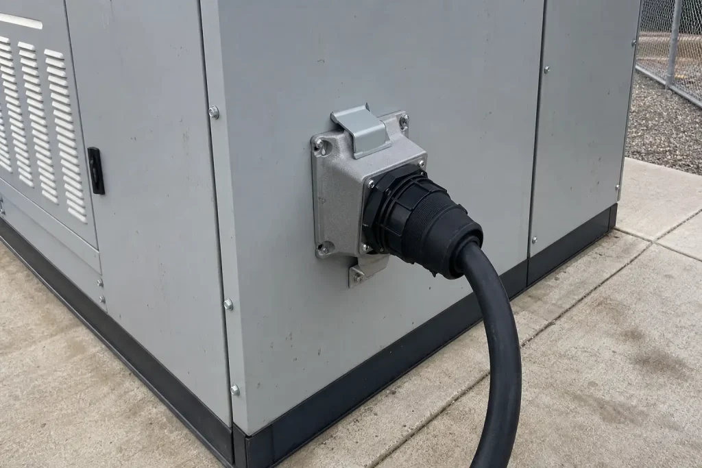 En kraftkabel kopplas in i en industriell elkontakt på ett stort grått batterilagringsskåp utomhus.