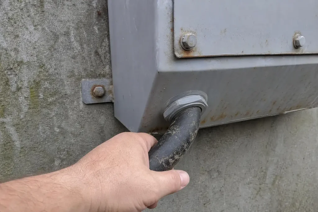 Närbild på en hand som håller i en elektrisk kabel kopplad till en grå kopplingsdosa på en betongvägg.