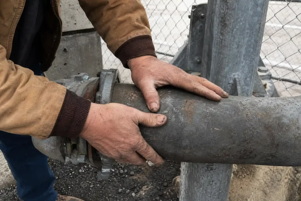 Erfarna händer greppar ett åldrat industrirör utomhus nära en betongvägg, ett arbetsmoment inom kvantdatorer knäcker fusio...
