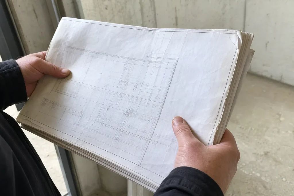 Händer håller ett tjockt knippe vikta ritningar i ett byggprojekt relaterat till EU:s elektrifieringsplan.