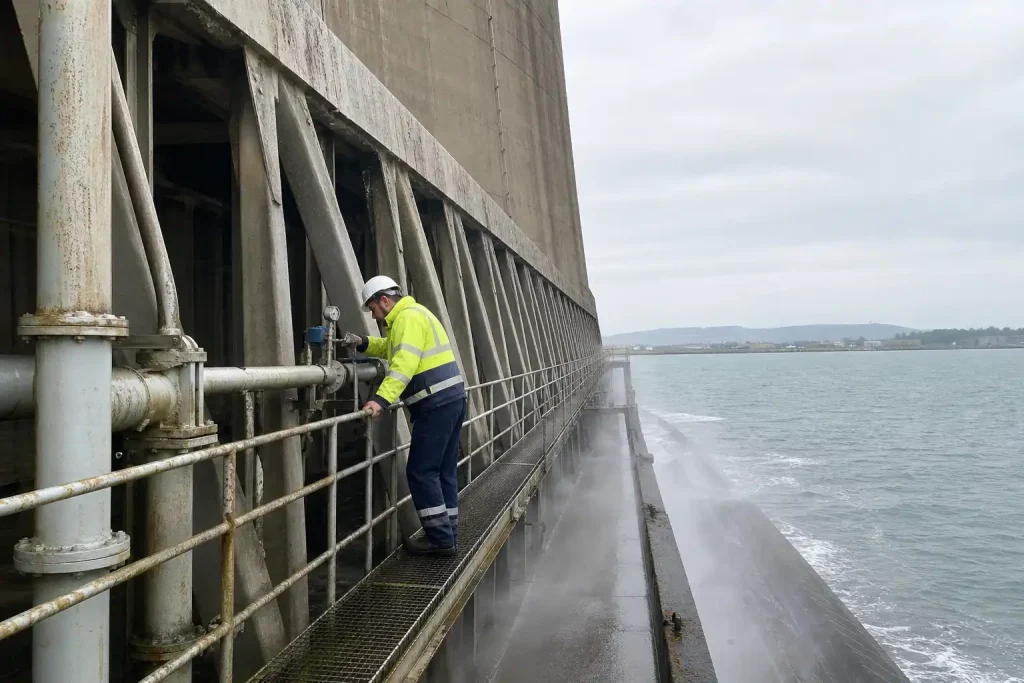 En arbetare i hi-vis-jacka kontrollerar rörledningar vid en kylturm, ett tecken på att värme och torka pressar Europas kär...
