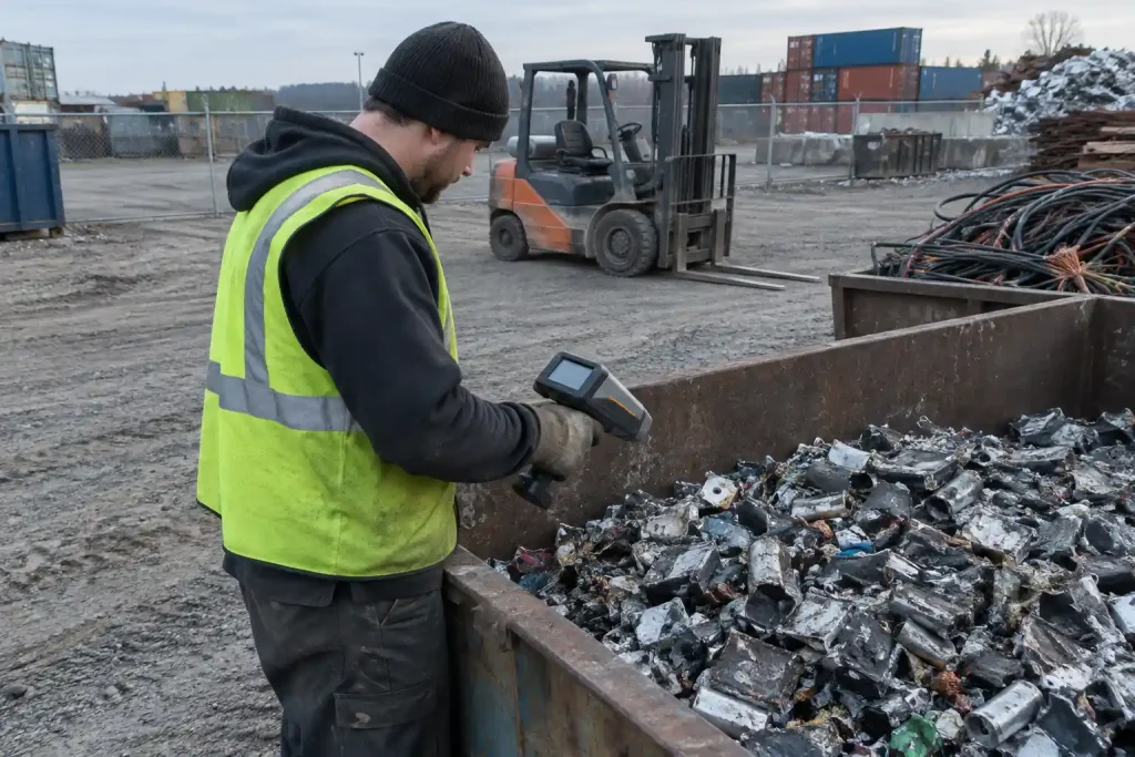 Arbetare i skyddsväst skannar batteriskrot på återvinningsgård, relaterat till Chinese sodium battery som matchar Tesla-st...