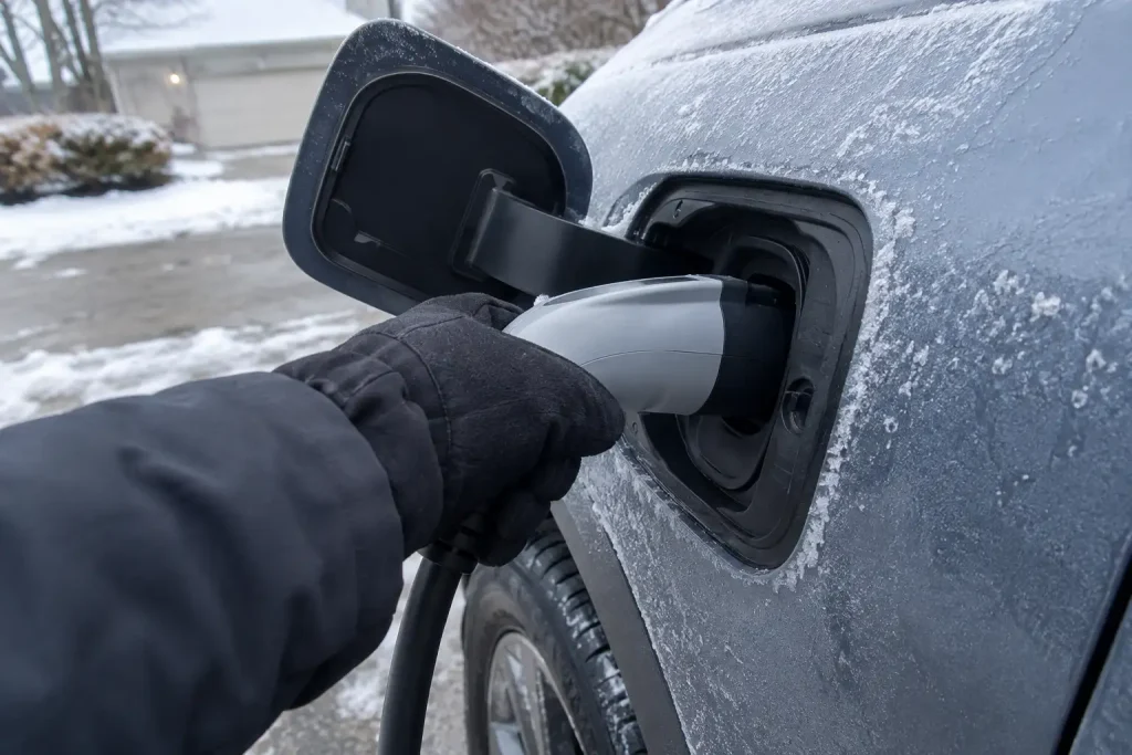 Handske ansluter laddkabel till elbil en frostig morgon, relaterat till nyheten om kinesiskt natriumbatteri som matchar Te...