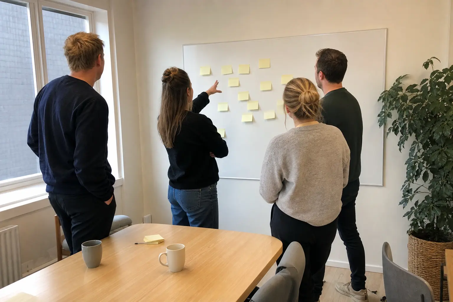 Kollegor samlas kring en whiteboard med tomma lappar