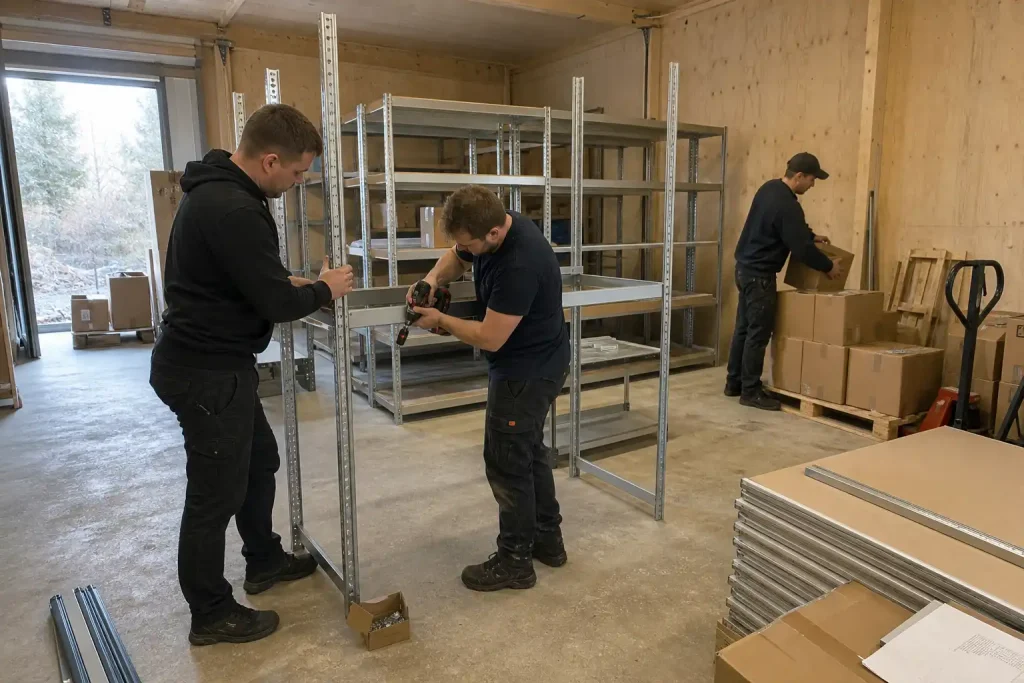 Personal monterar hyllsystem och packar pallar i ett lager
