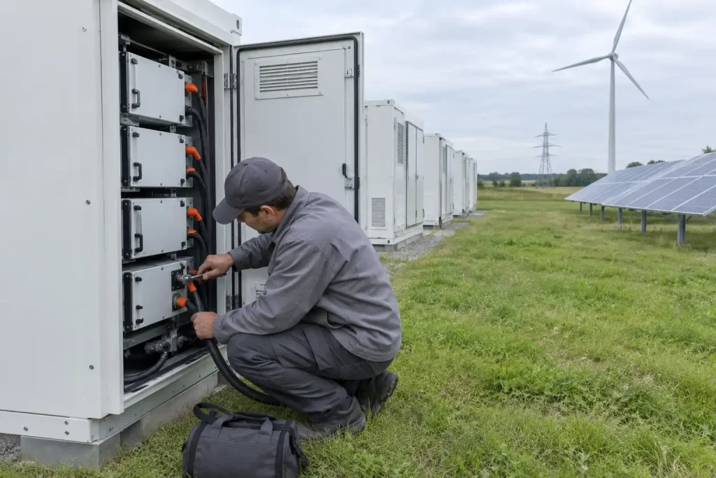 Tekniker lagar batteriskåp vid ett solpark, ur artikeln Salt batteries are about to shake up EVs and grid storage
