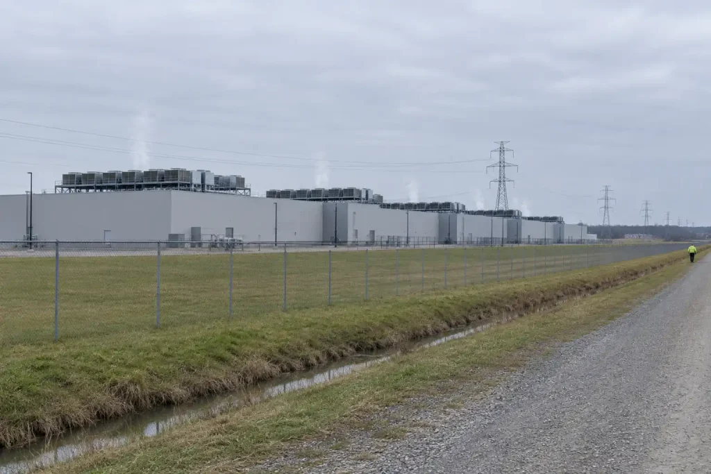 Stort datacenter vid stadskanten, i en artikel där FN:s generalsekreterare kräver öppenhet om AI:s miljöpåverkan