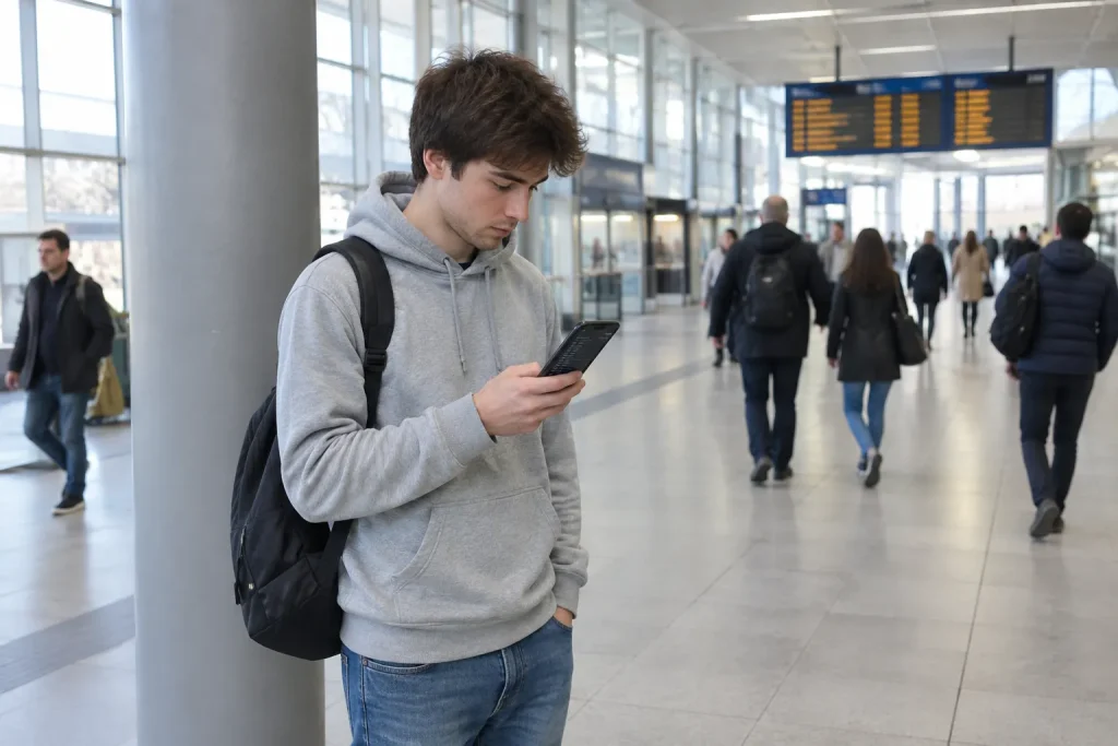 Systemutvecklare i grå luvtröja läser kod på mobilen på en järnvägsstation
