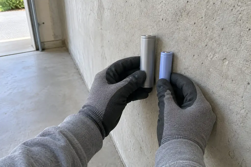 Handskar håller en natriumjonscell mot en betongvägg, om att salt batterier väntas skaka om elbilar och energilagring