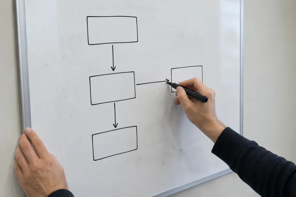 En systemutvecklare ritar ett enkelt flödesschema med svart penna på en whiteboard