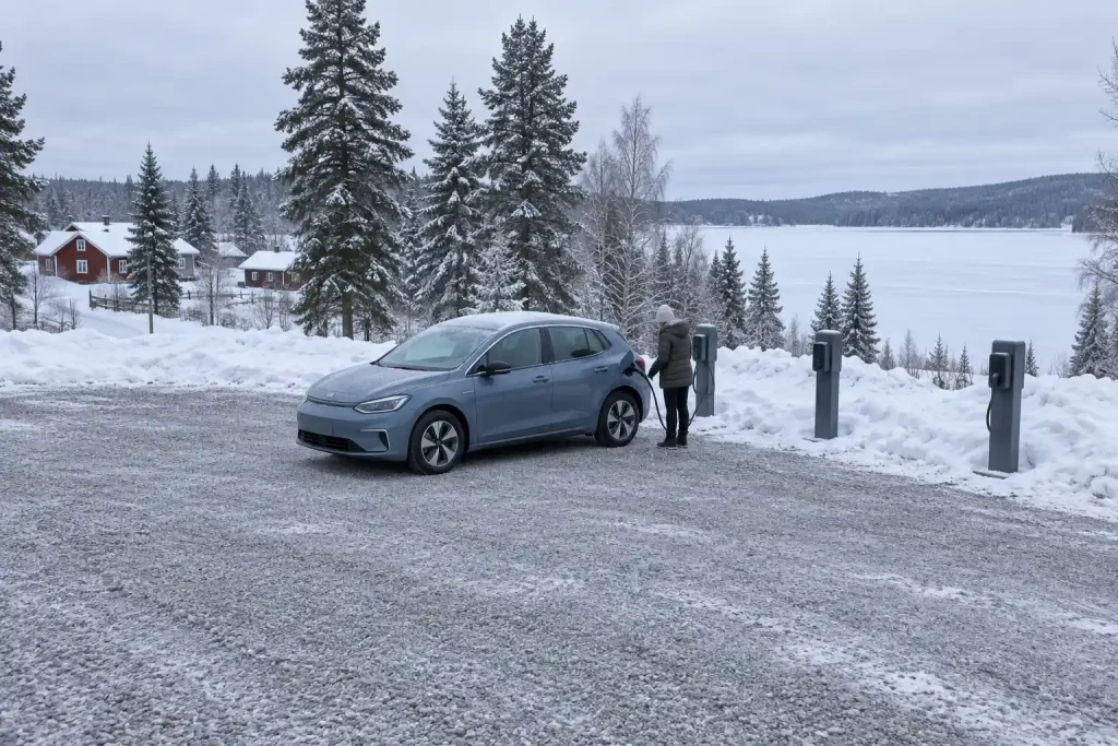 Elbil laddas på vintermorgon i norrländsk by, om att salt batteries are about to shake up EVs and grid storage