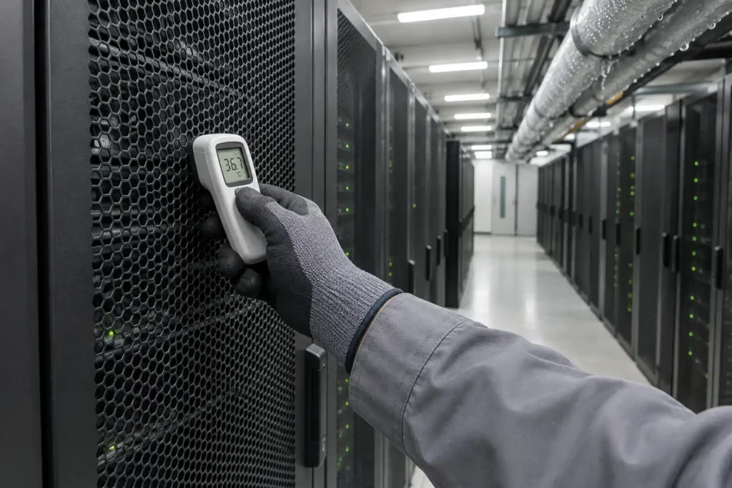 Tekniker mäter luftvärmen från en serverrack, i en artikel där FN:s generalsekreterare kräver öppenhet om AI:s miljöpåverkan